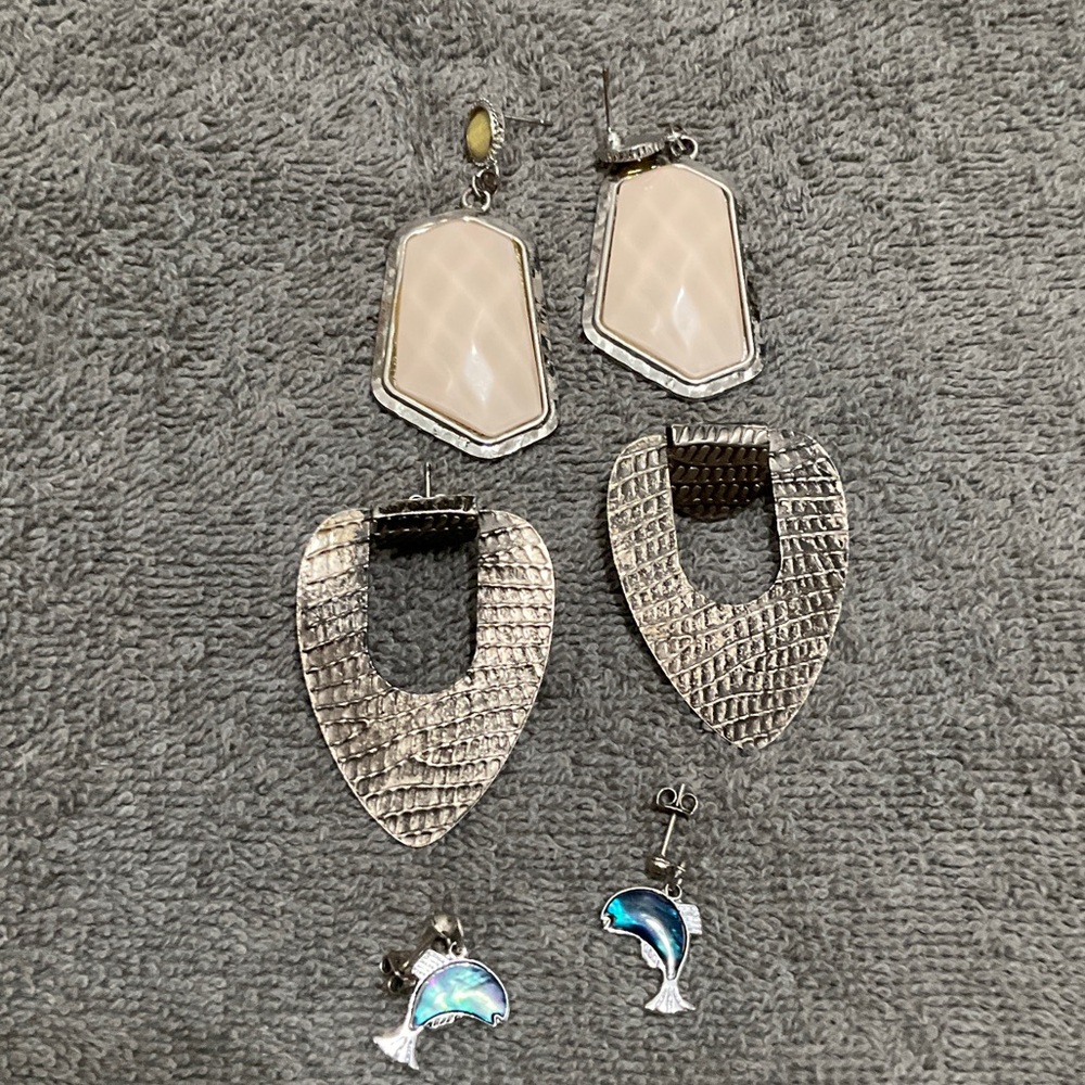 Silver Tone Textured and Cream Stone Drop Earrings - Set of 3